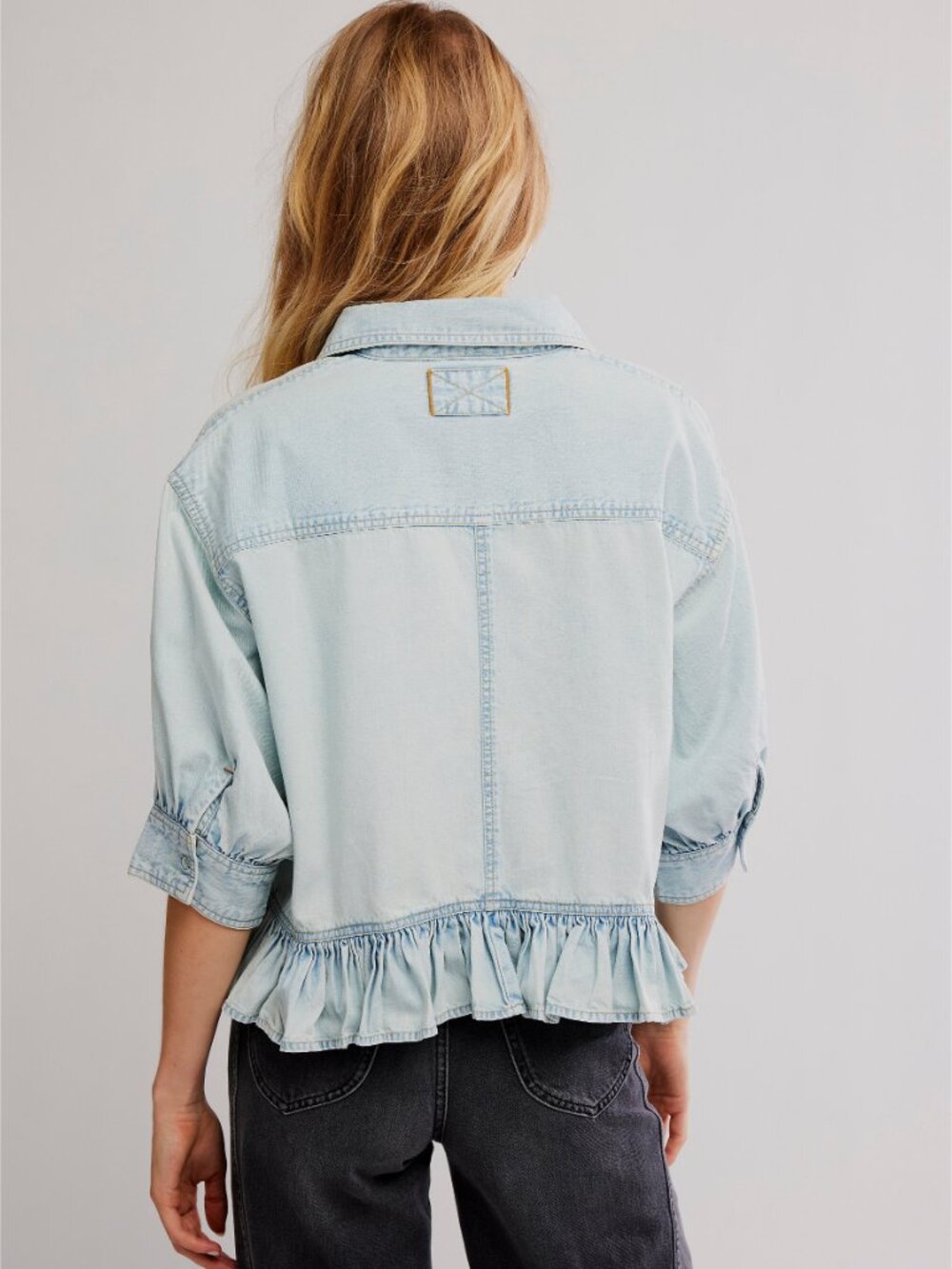 Free People Light Blue Ruffle Hem Denim Button-Down Top - Picture 3 of 6